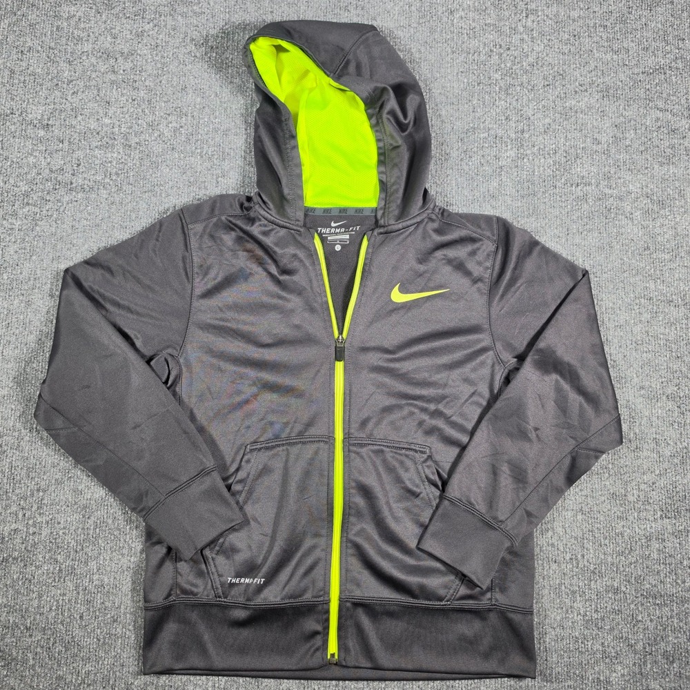 Nike Therma-FIT Boys Full Zip Hoodie Gray Neon Green 716860-061 Size Large